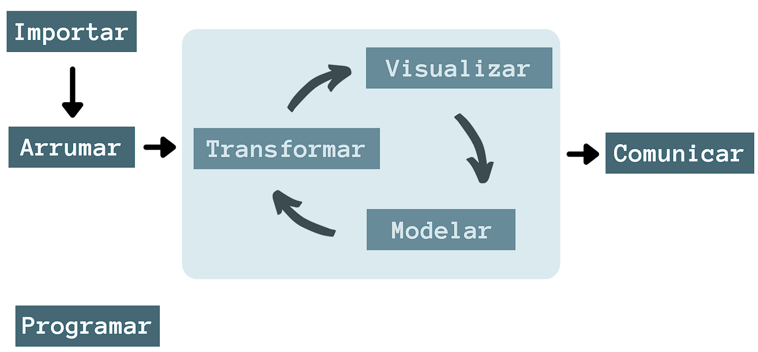 Etapas do trabalho em ciência de dados. O ato de programar abrange todos os processos do fluxograma.