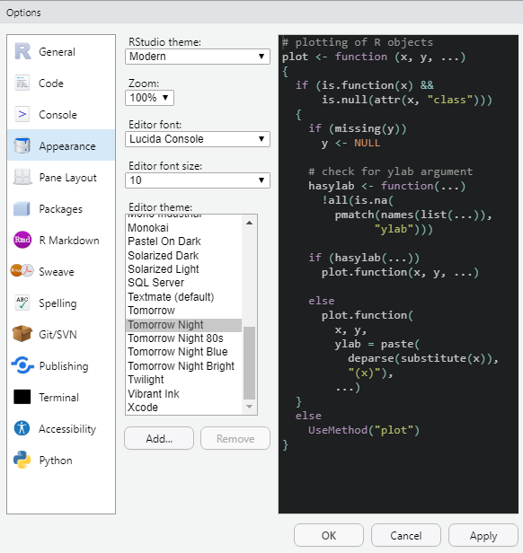 Podemos configurar a aparência do RStudio em diversos aspectos. Faça alguns testes e veja qual lhe agrada mais.